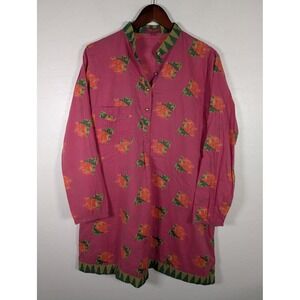 Lisa Corti Tunic Dress Womens Large Pink Floral Cotton India Boho Kurta